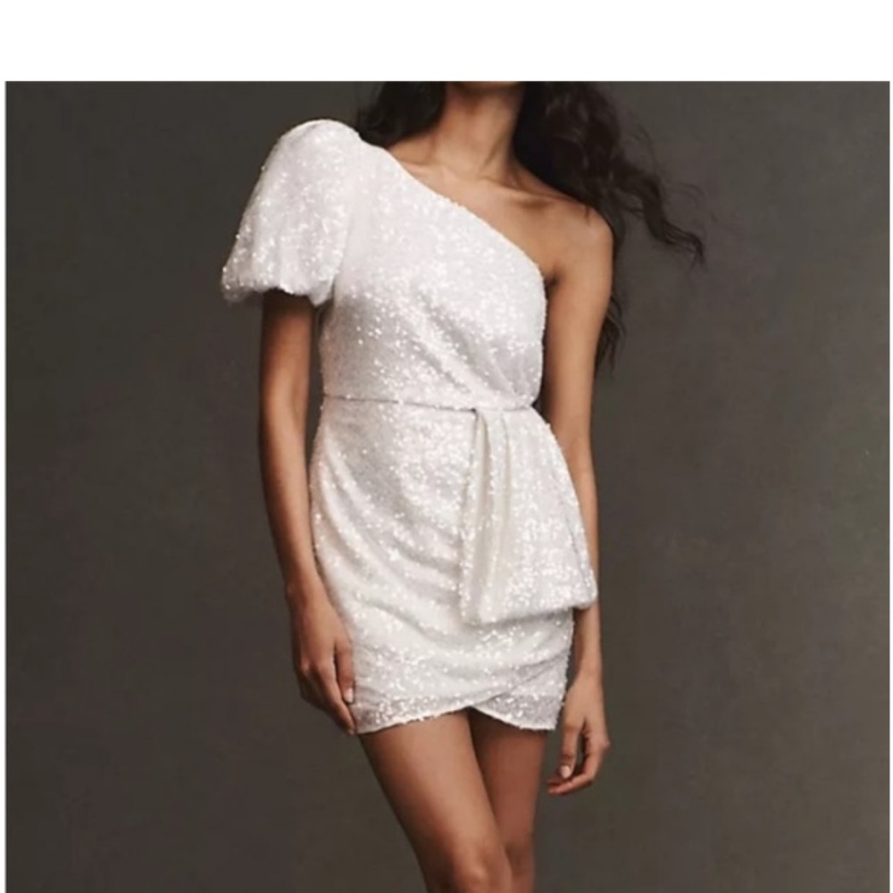 Sachin & Babi Dova Puffed One-Shoulder Sequin Bow Train Wrap Mini Dres